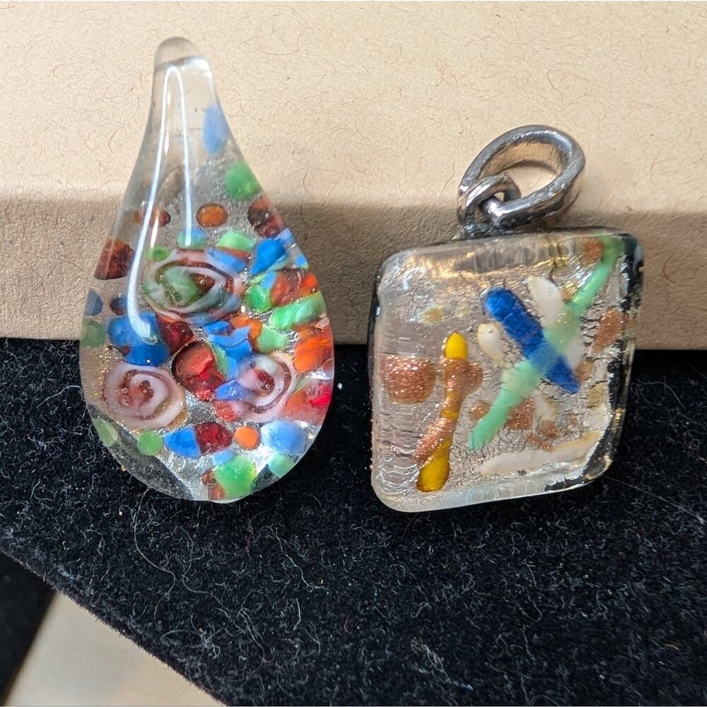 Set of 2 Art Glass Pendants | Colorful Millefiori Look | Teardrop & Square